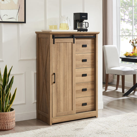5 Drawers Dresser with Sliding Barn Door, 48"H Farmhouse Tall Dresser 5 Chest of Drawers, Wooden Storage Organizer for Living Room, Hallway