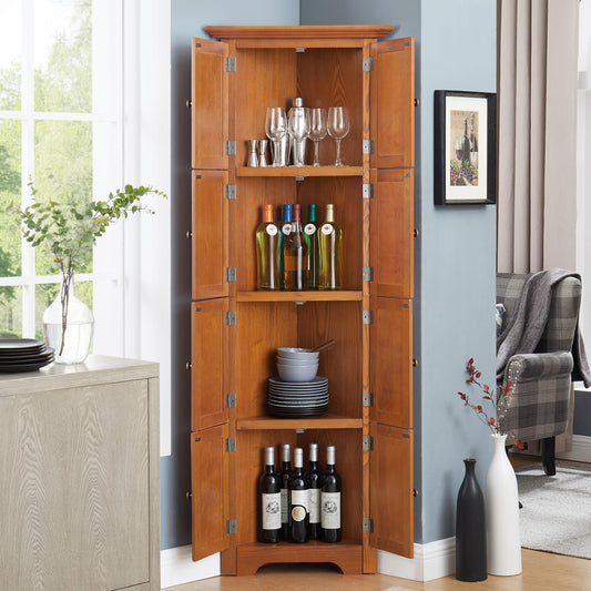 Farmhouse Corner Storage Cabinet with 8 Doors, 72" H Wooden Kitchen Pantry with 4 Shelves, 4-Tier Freestanding Bookshelf, Rack for Living Room