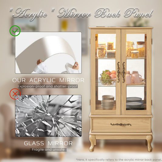 52" Lighted Curio Cabinet with Drawer, Vintage Glass Curio Showcase with 3-Tier Adjustable Shelves & Mirrored Back Panel, Light Blub Included, Wooden China Cabinet with Tempered Glass Doors for Living Room, Bedroom, Dining Room