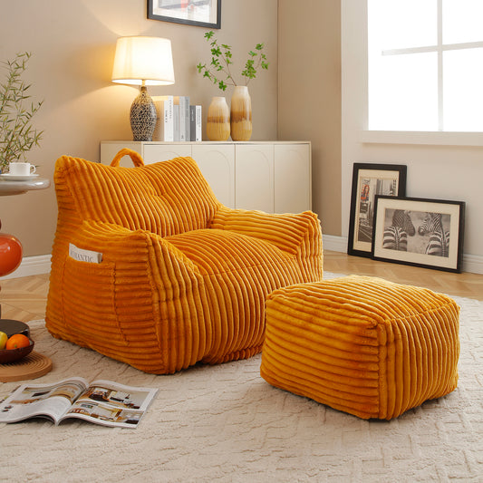 Giant Bean Bag Chair with Ottoman, Floor Corduroy Sofa with Handle, Accent Sofa Chair with Pocket, Comfy Chaise Lounge for Gaming Reading Relax