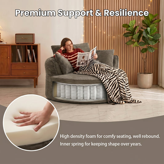 53.5" Oversized Round Chaise Lounge Chair Indoor, Comfy Corduroy Upholstered Boneless Couch with Pillow, No Assembly Required, Deep Seat Lounge Floor Compression Sofa Chair for Living Room, Apartment