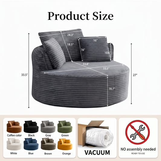 53.5" Oversized Round Chaise Lounge Chair Indoor, Comfy Corduroy Upholstered Boneless Couch with Pillow, No Assembly Required, Deep Seat Lounge Floor Compression Sofa Chair for Living Room, Apartment