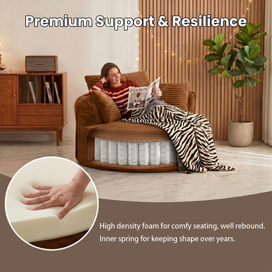 53.5" Oversized Round Chaise Lounge Chair Indoor, Comfy Corduroy Upholstered Boneless Couch with Pillow, No Assembly Required, Deep Seat Lounge Floor Compression Sofa Chair for Living Room, Apartment
