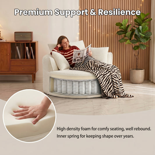 53.5" Oversized Round Chaise Lounge Chair Indoor, Comfy Corduroy Upholstered Boneless Couch with Pillow, No Assembly Required, Deep Seat Lounge Floor Compression Sofa Chair for Living Room, Apartment