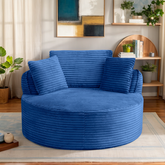 53.5" Oversized Round Chaise Lounge Chair Indoor, Comfy Corduroy Upholstered Boneless Couch with Pillow, No Assembly Required, Deep Seat Lounge Floor Compression Sofa Chair for Living Room, Apartment