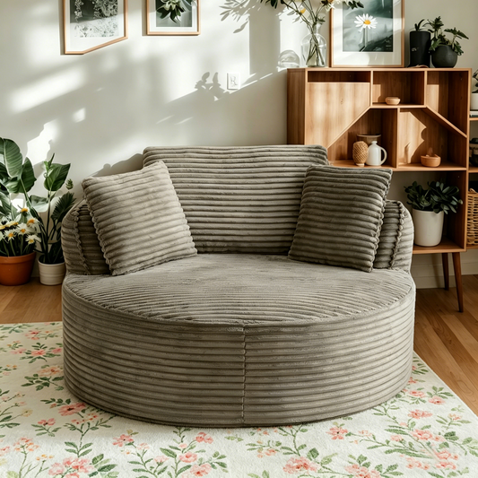 53.5" Oversized Round Chaise Lounge Chair Indoor, Comfy Corduroy Upholstered Boneless Couch with Pillow, No Assembly Required, Deep Seat Lounge Floor Compression Sofa Chair for Living Room, Apartment