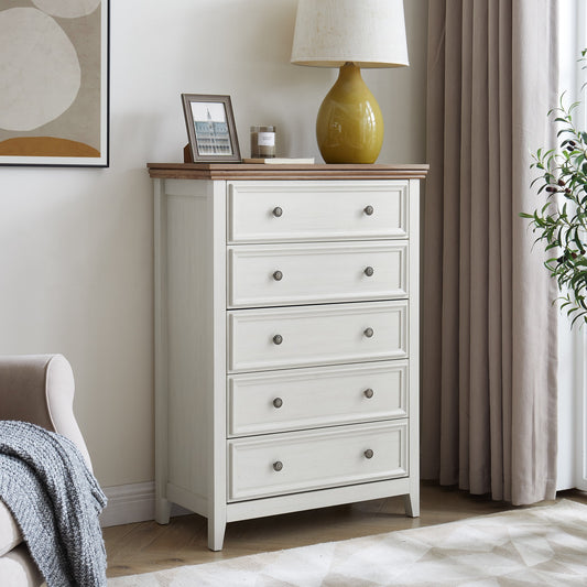 CKEASEAN Wooden Dresser with 5 Drawers, Tall Chest of Drawers, Storage Tower Cabinet with Metal Handles, Storage Dressers Organizer for Entryway,Living Room