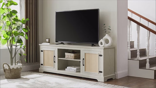 65" Mid-Century Modern TV Stand for 70" TVs, Rattan Entertainment Center with Storage Cabinets & Adjustable Shelves, Media Console for Living Room & Bedroom