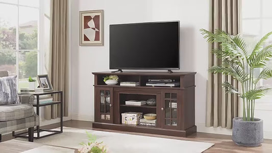 Farmhouse TV Stand with Glass Door, 58" W Large Entertainment Center with Open Shelves, Large Home Entertainment Console Table for TV Up to 65'', Rack for Living Room
