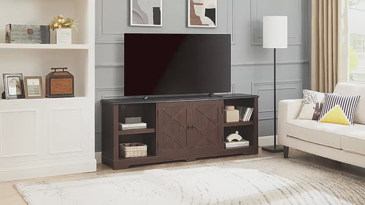 Farmhouse Entertainment Center for TVs Up to 80 inch, 70" W TV Stand with Open Shelves and Barn Doors, Large Home TV Console Table for Living Room