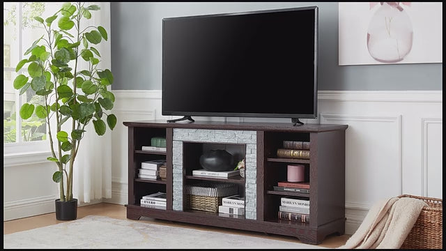 Modern TV Stand with Faux Stacked Stone, 58" W Entertainment Center with Large Storage Space, Wood Media Console Table for TVs Up to 65", Rack for Living Room