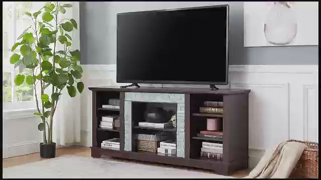 Modern TV Stand with Faux Stacked Stone, 58" W Entertainment Center with Large Storage Space, Wood Media Console Table for TVs Up to 65", Rack for Living Room