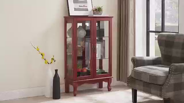 Lighted Curio Cabinet, 44" H Glass Display Cabinet with 3-Tier Adjustable Glass Shelves, China Cabinet with Mirrored Back Panel for Living Room, Light Blub Included