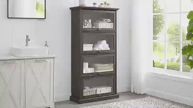 Tall Bookcase with Glass Doors, 63" H Glass Curio Display Cabinet with Flip up Doors, Elegant Storage Cabinet with 4-Tier Shelves, Rack for Living Room