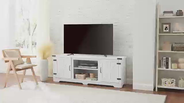 Farmhouse TV Stand with Open Shelves and Closed Storage, 65''W Modern Entertainment Center for TVs up to 70'', White Entertainment Console Table for Living Room