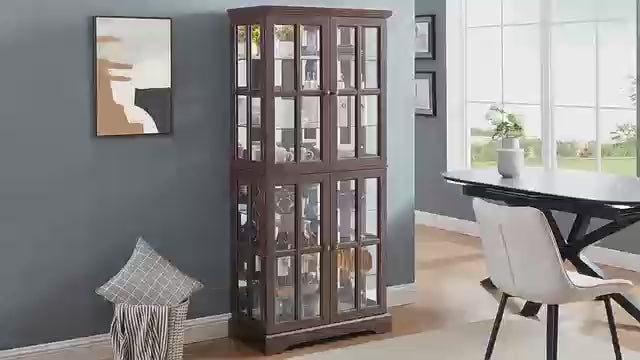 Glass Display Cabinet, 69" H Curio Cabinet with Adjustable Shelves and 4 Glass Doors, Light Bulb Included, Elegant Antique Showcase, Rack for Living Room/Home Office