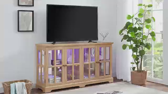 59" W LED Curio Cabinet, Vintage Glass Display Cabinet with 4 Glass Doors and Adiustable Shelves, Wooden China Case with Smartphone-Controlled for Living Room