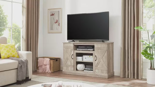 47" W Farmhouse TV Stand with Open Storage Shelves, Media Entertainment Center for TVs up to 50 Inch, Mid-Century Console Table for Living Room