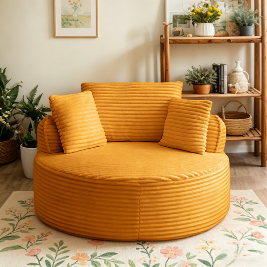 53.5" Oversized Round Chaise Lounge Chair Indoor, Comfy Corduroy Upholstered Boneless Couch with Pillow, No Assembly Required, Deep Seat Lounge Floor Compression Sofa Chair for Living Room, Apartment